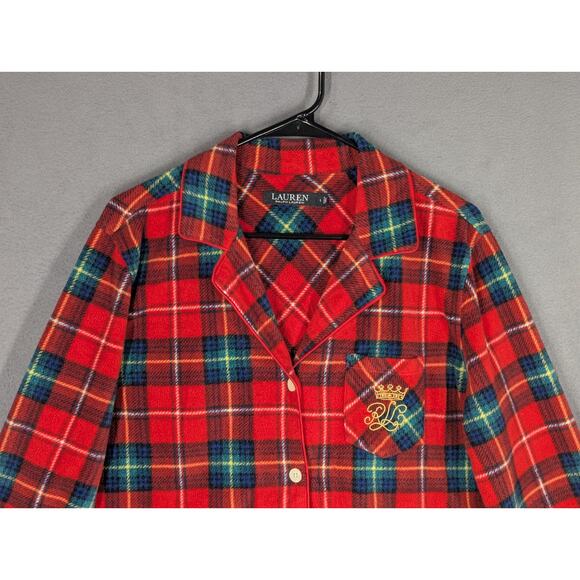 Lauren Ralph Lauren Women’s Red Plaid Leopard Trim Fleece Pajamas Large Crest - Picture 3 of 16